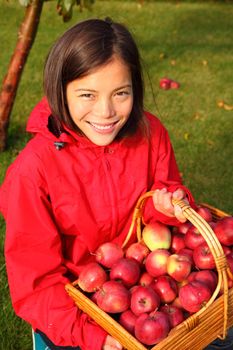 Apple picking in the fall - beautiful young woman with basket full of red apples.