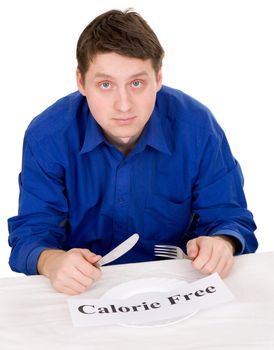 Guest of restaurant in blue shirt on a white background