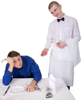 Waiter and guest of restaurant on a white background