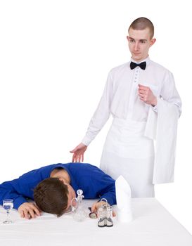 Waiter and guest of restaurant on a white background