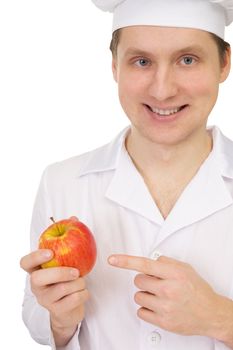 Cook with apple in the hand on white background