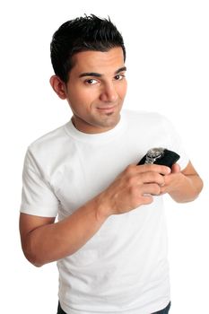 A smiling ethnic man holding or showing a chronograph watch.   White background.