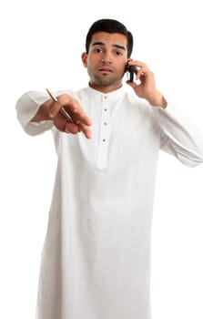 A mixed race ethnic man communicating and gesturing.  White background,
