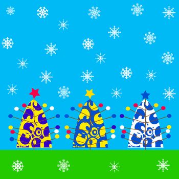 color Christmas card with trees and snow