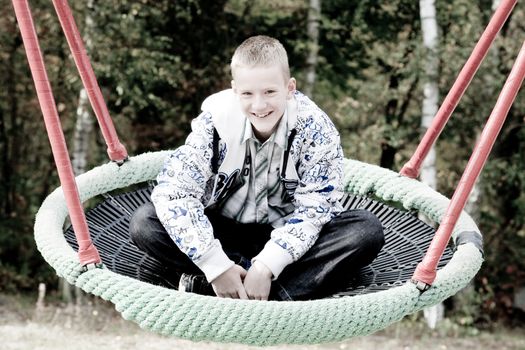 Happy youngboy in the swing on the playground