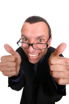 young business man playing silly over white background