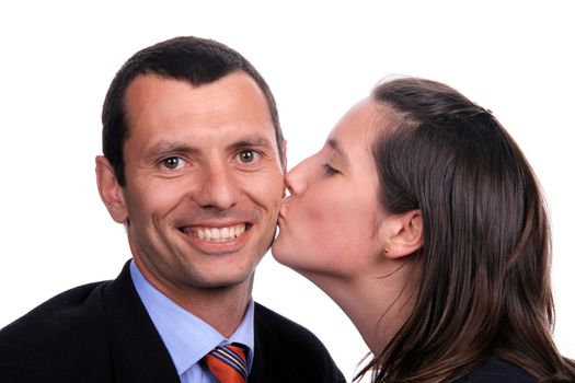 businessman and casual woman couple kissing