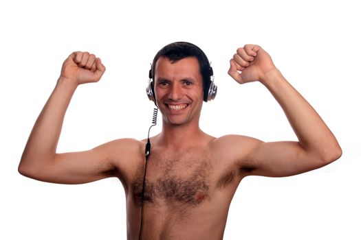 young man with headphones listening music