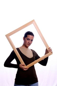 casual woman with empty frame