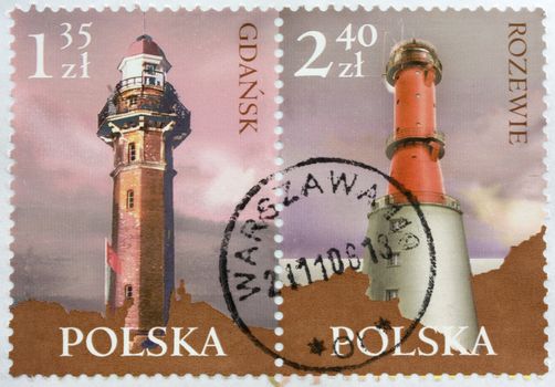 Two lighthouses, Gdansk and Rozewie, from the Baltic Sea coast on post stamps from Poland canceled in Warszawa (Warsaw)