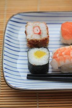 An oblong Japanese plate, serving a variety of sushi: Nigirisushi, rice with a raw fish topping and Makisushi, rice wrapped in a thin slice of seaweed, called nori. As condiment some hot green wasabi is served on the plate