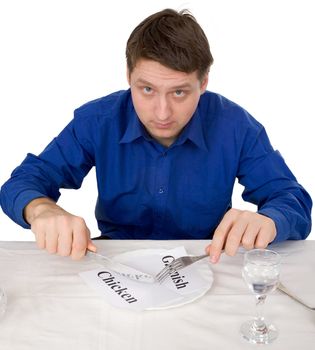 Guest of restaurant in blue shirt on a white background