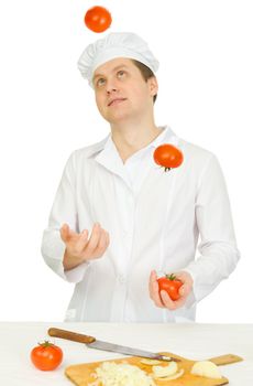 Funny cook with tomato in hand a white background