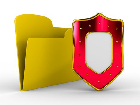 Yellow computer folder with shield. Isolated 3d image