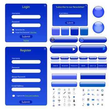 Blue web template with forms, bars, buttons and many icons.
