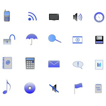 Various blue web icons on a white background.