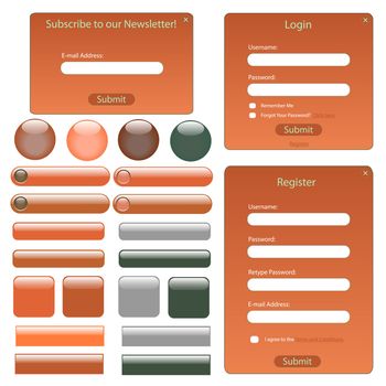 Website template with forms, bars and buttons.