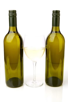 White wine bottles isolated against a white background