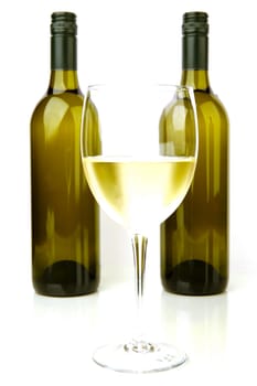 White wine bottles isolated against a white background