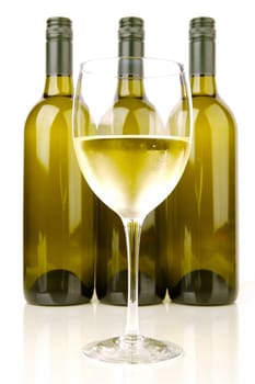 White wine bottles isolated against a white background