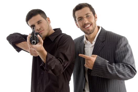 professional man targeting someone with gun on an isolated white background