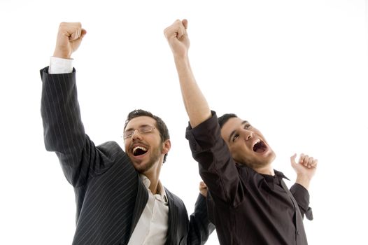 two professional people celebrating success on an isolated white background