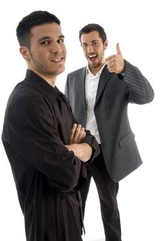 successful businesspeople with thumbs up hand gesture against white background