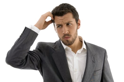 portrait of thinking businessman with white background