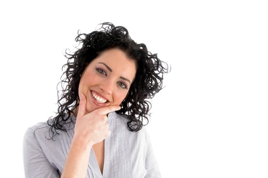 close view of smiling female on an isolated background