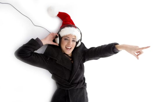 high angle view of pointing woman with christmas hat against white background