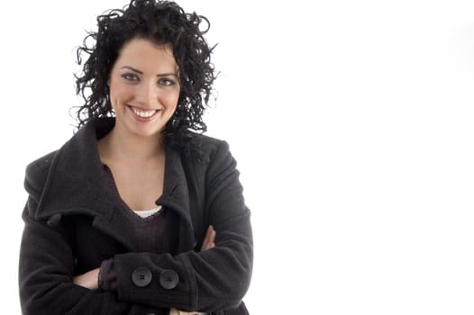 portrait of model looking at camera against white background