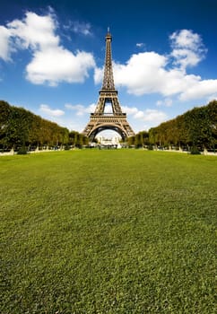 Beautiful photo of the Eiffel tower in Paris with gorgeous colors and wide angle central perspective. Lots of copy space grass.
