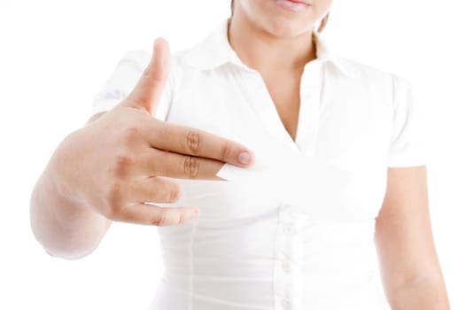 young caucasian female holding business card against white background