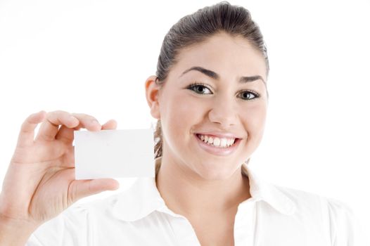 young american model displaying business card on an isolated background