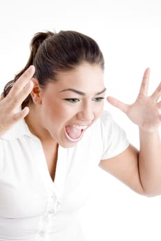 young attractive woman shouting on an isolated white background