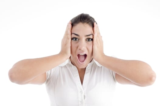 beautiful young female expressing amazement against white background