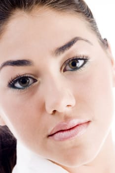 close up of young american model against white background