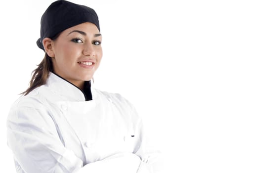 close up view of professional female chef on an isolated white background