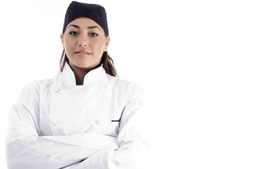 close up view of professional female chef on an isolated white background