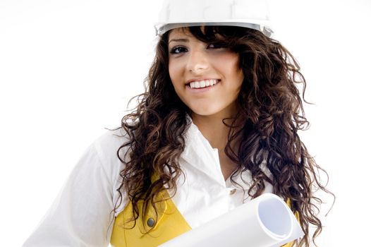 young female executive giving pose with smile on an isolated background