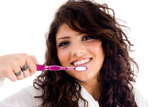 young pretty female holding toothbrush on an isolated white background