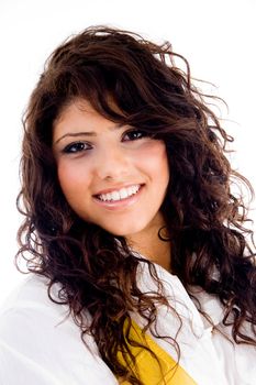 beautiful young woman wearing stylist dress on an isolated white background