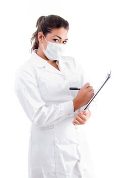 female doctor writing medical prescription on an isolated white background