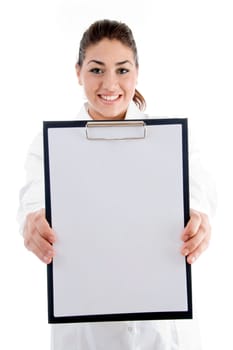 smiling doctor showing writing pad on an isolated white background