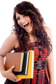 cheerful female with books on an isolated background