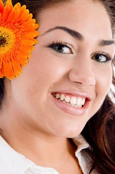 face of pretty model with flower against white background
