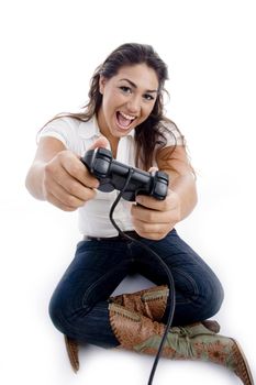 sitting woman showing remote on an isolated white background