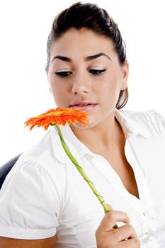 side pose of woman looking the flower on an isolated white background