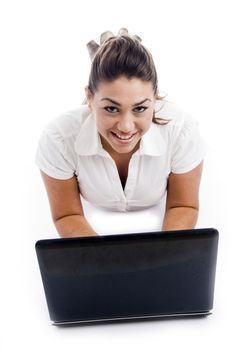 smiling woman with laptop against white background