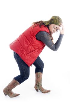 side pose of posing female with white background